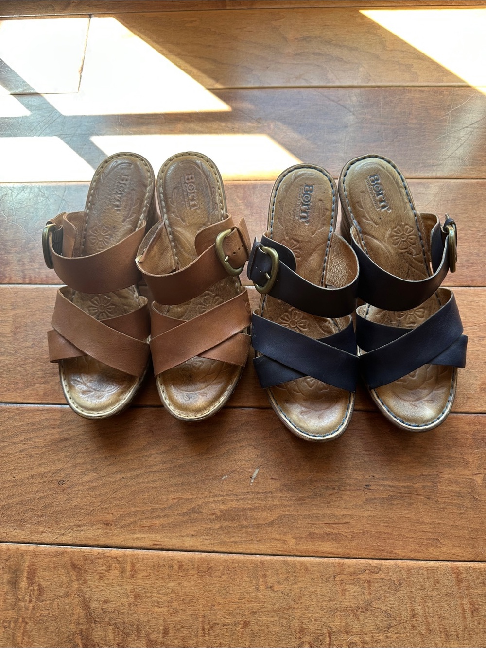 Two Pairs of Born Women's Brown Leather Slide Sandal Heels - size 9